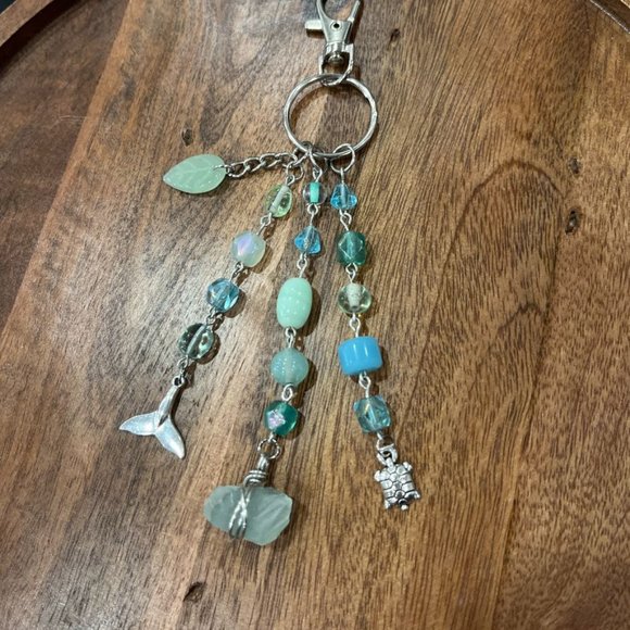 Blue & Green "Sea Glass" Inspired Beaded Dangle Bag Charm/Keychain - Picture 1 of 3